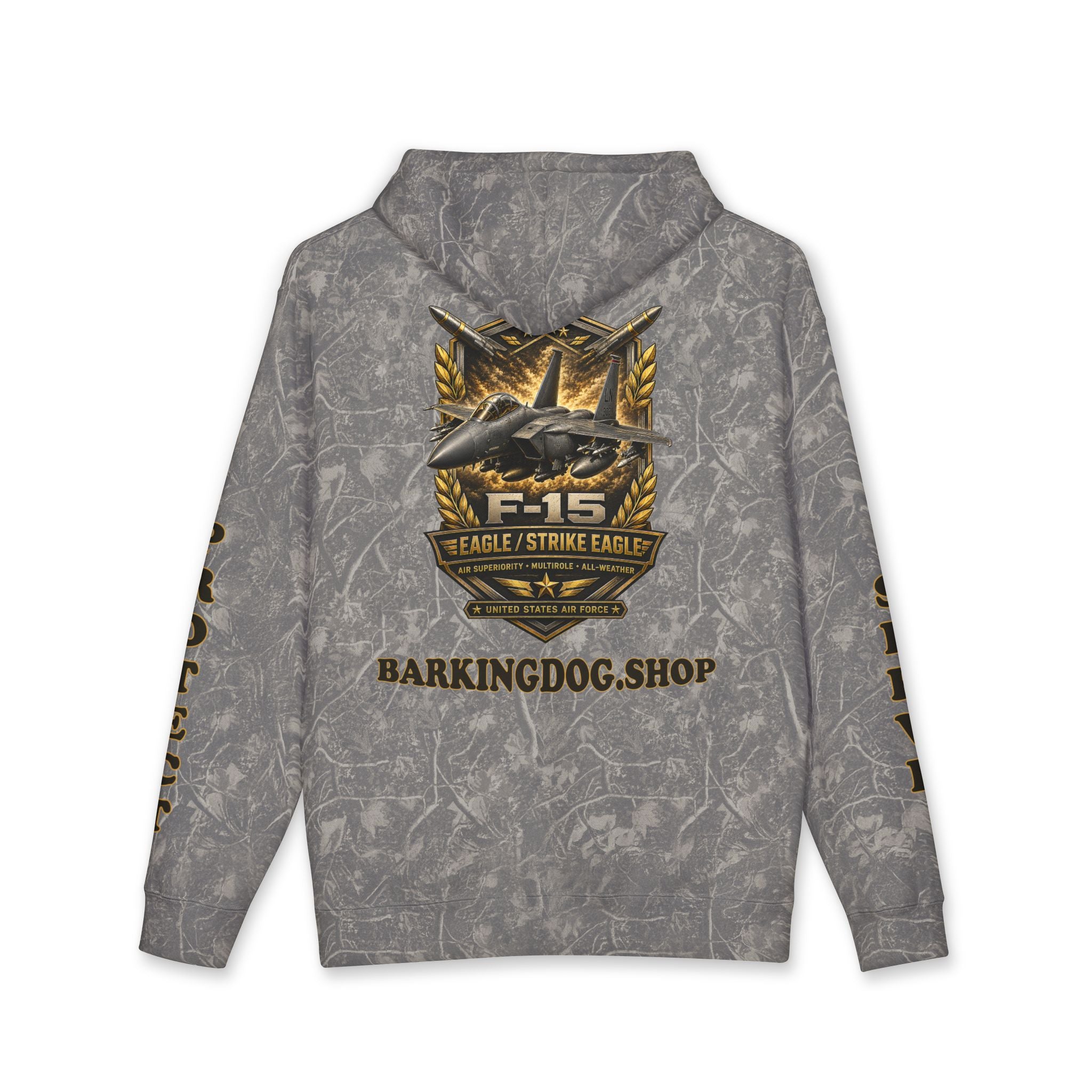F-15 Strike Eagle Jet Hoodie — Barking Dog 'Wag On' Military Air Force Tribute