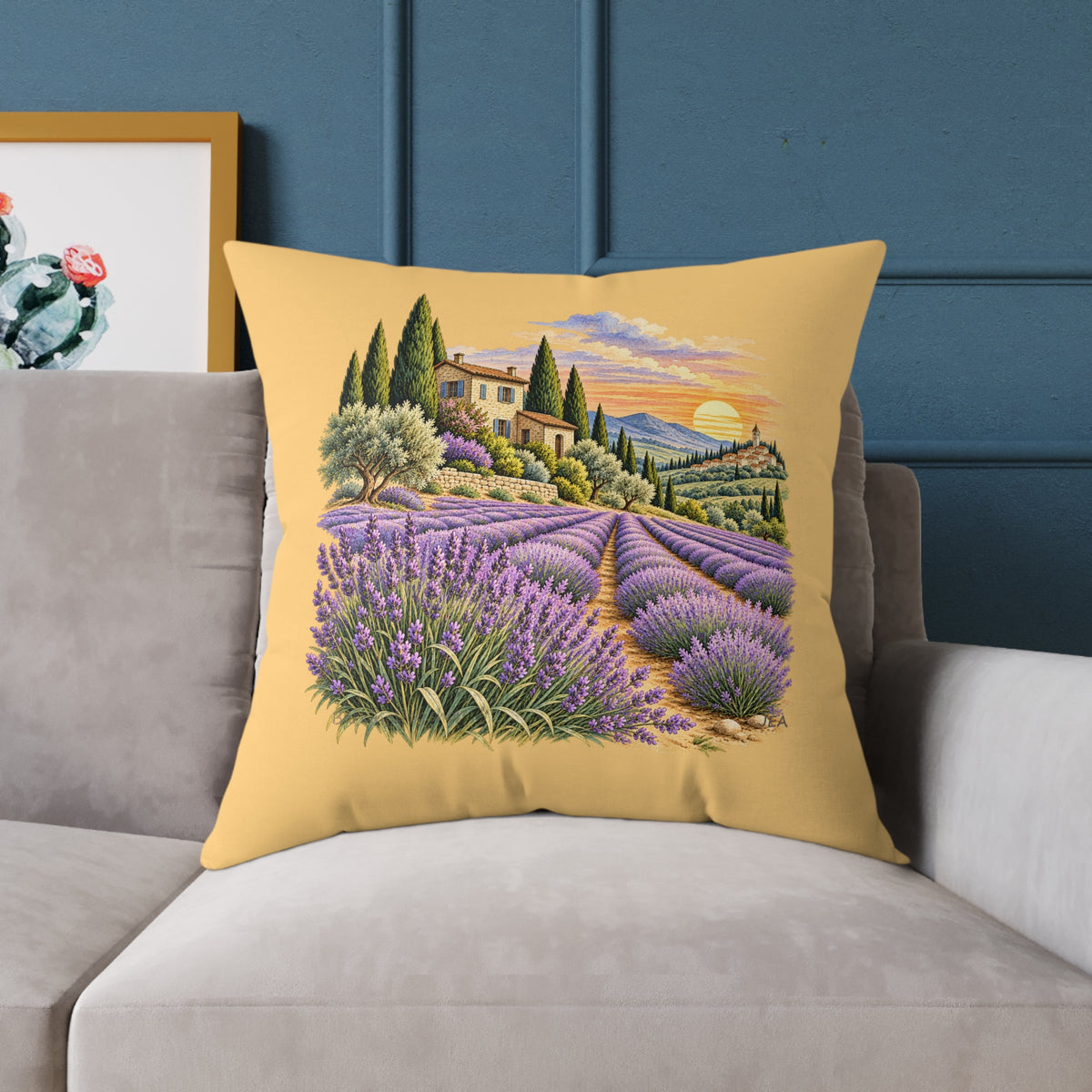 Lavender Fields Woodcut Relief Throw Pillow Warm Beige Floral Landscape Home Decor BarkingDog Shop