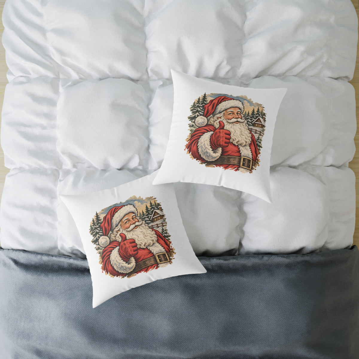 Santa Thumbs Up Woodcut Relief Throw Cushion White  Holiday Decoration BarkingDog Shop