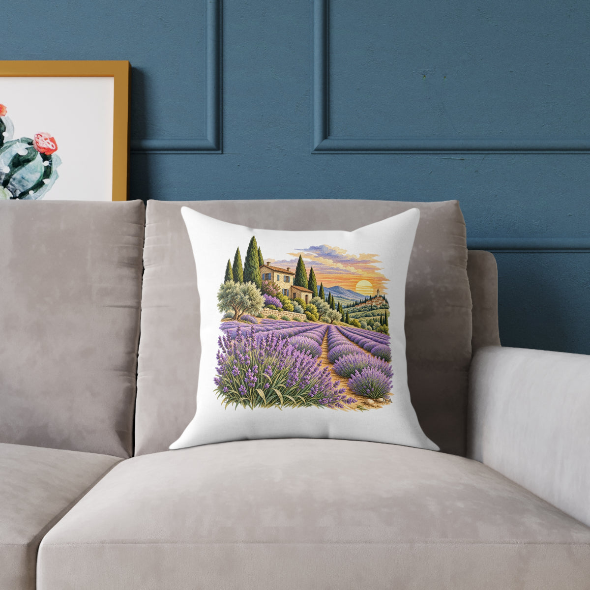 Lavender Fields Woodcut Relief Throw Pillow White Floral Landscape Home Decor BarkingDog Shop