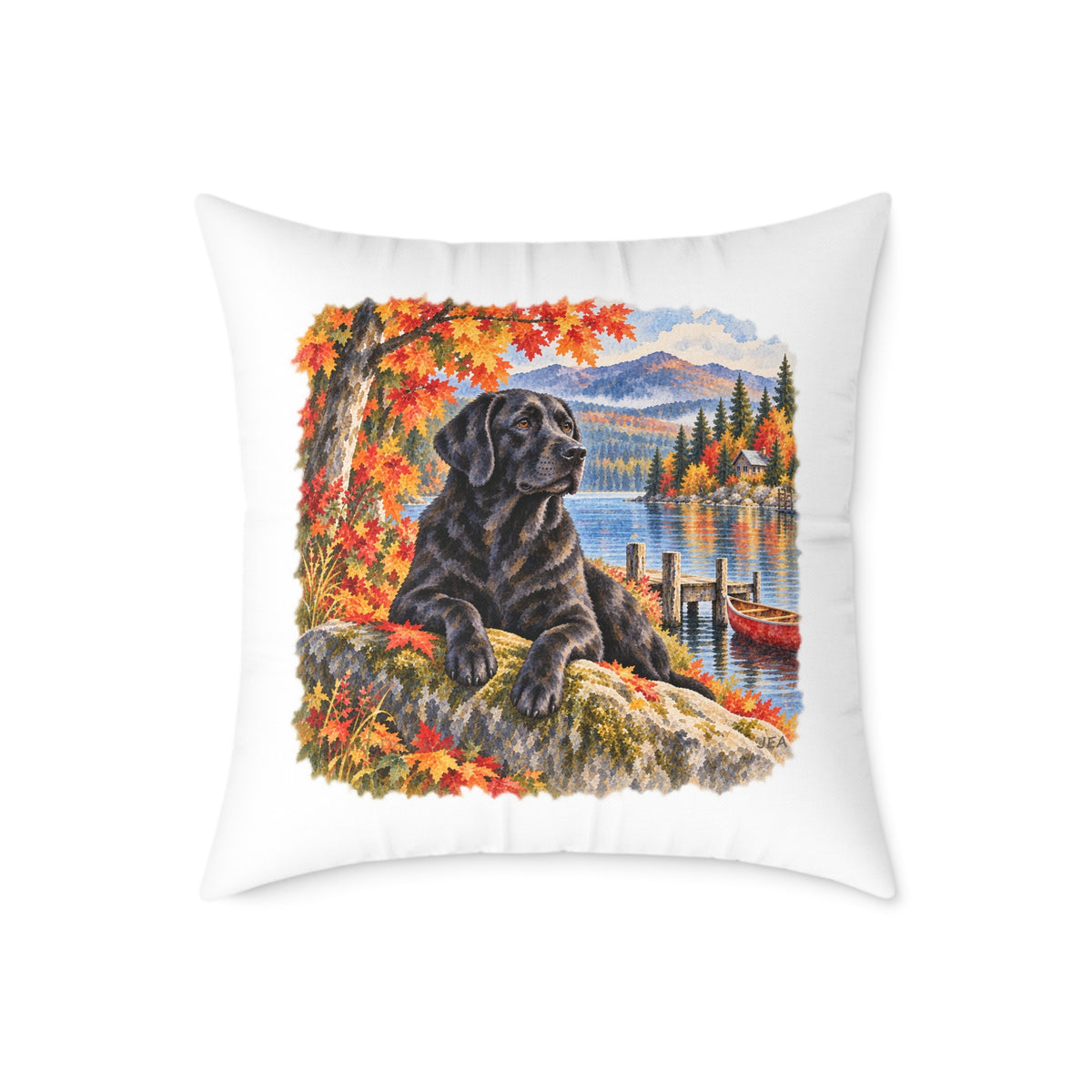 Black Labrador Maine Lake Autumn Throw Pillow White Home Decor Collection Fall Mountain Dog Decor BarkingDog Shop