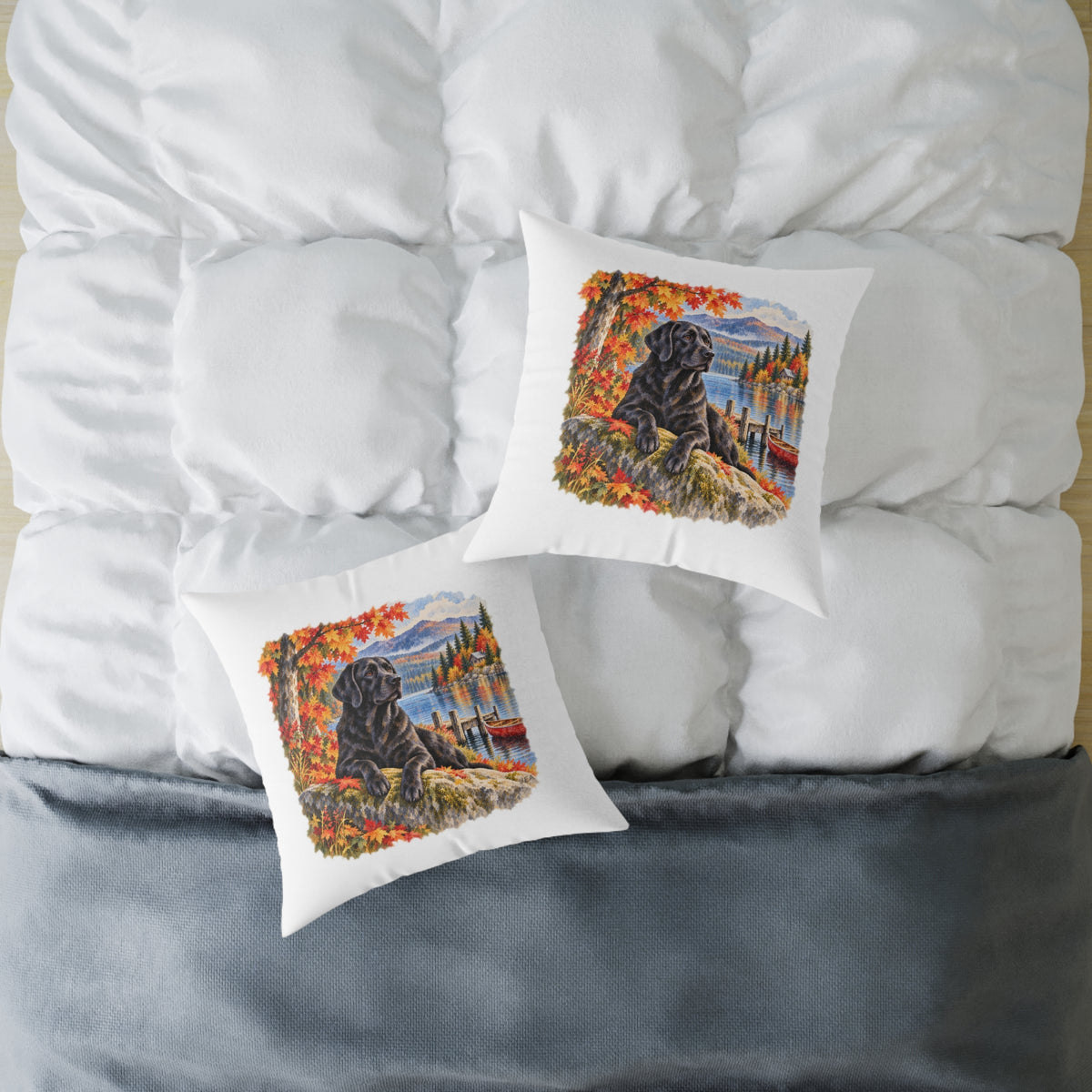Black Labrador Maine Lake Autumn Throw Pillow White Home Decor Collection Fall Mountain Dog Decor BarkingDog Shop