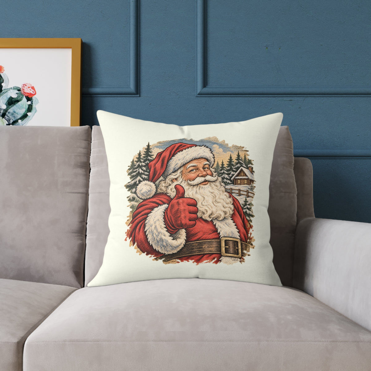Santa Thumbs Up Woodcut Relief Throw Cushion Ivory Holiday Decoration BarkingDog Shop