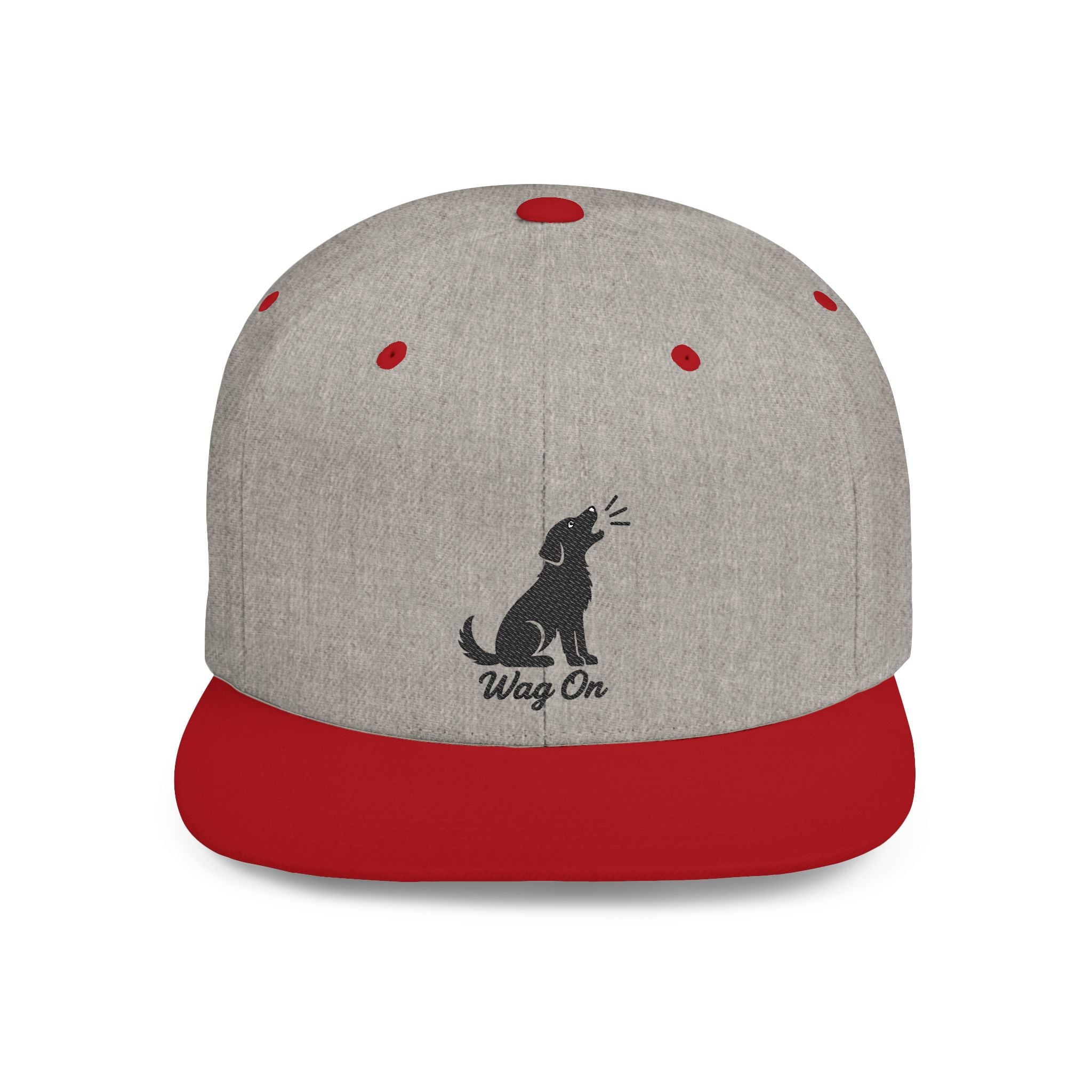 Wag On Snapback Hat — Embroidered Howling Dog Flat Bill Cap
