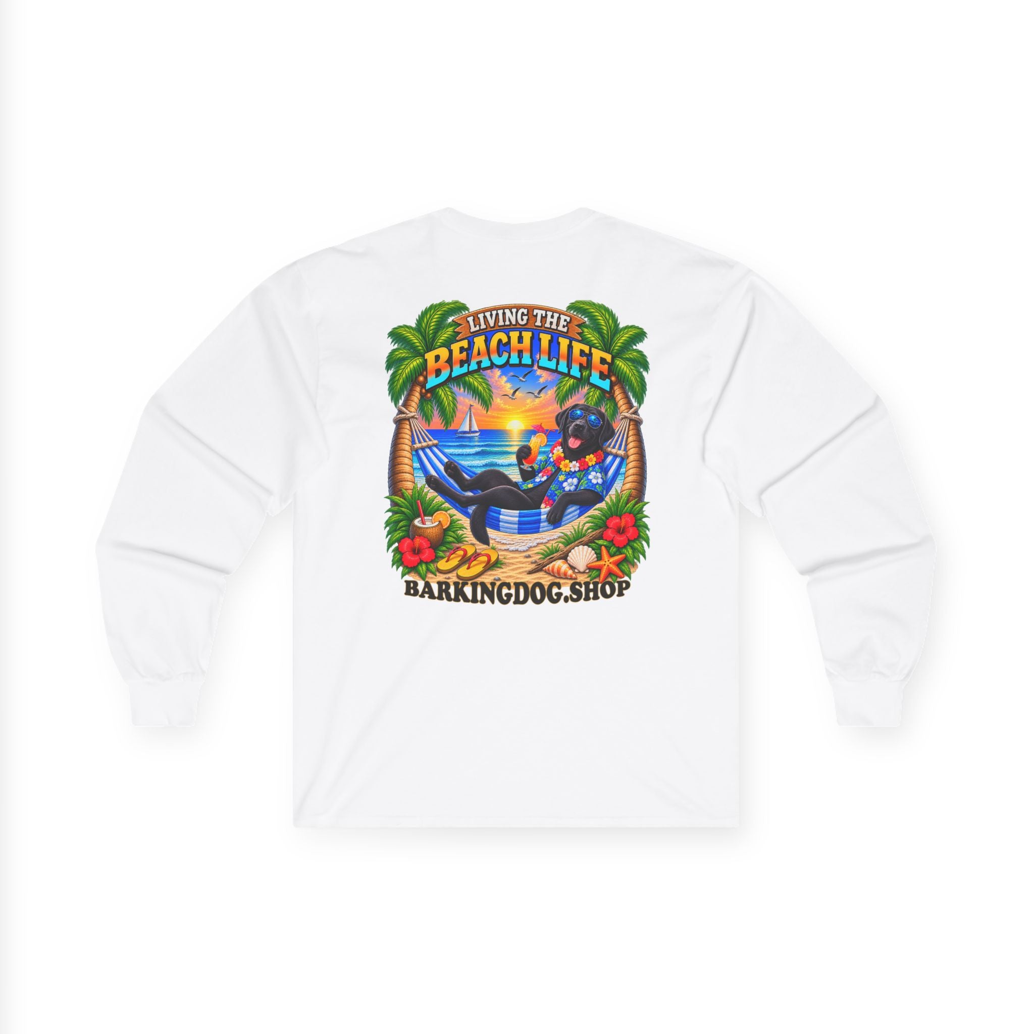Black Labrador Beach Life Canine Long Sleeve T Shirt Beach Collection Hammock Tropical Dog Graphic Tee Wag On BarkingDog Shop