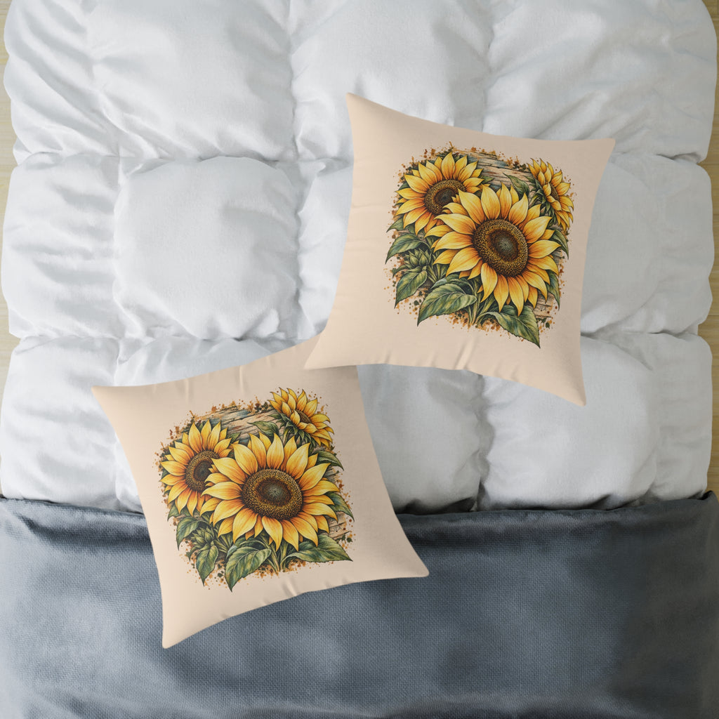 Sunflower Woodcut Relief Throw Pillow Warm Peach Floral Farmhouse Home Decor BarkingDog Shop