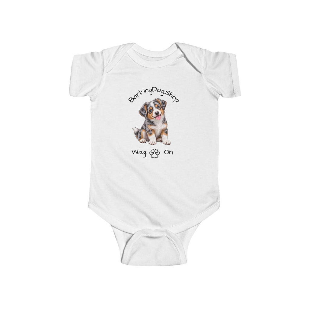 Australian Shepherd Puppy Infant Bodysuit Babies and Puppies Collection Wag On Baby Onesie BarkingDog Shop