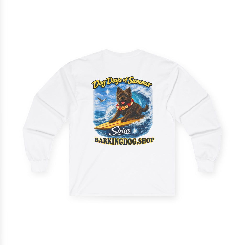 Cairn Terrier Dog Days of Summer Surfboard Long Sleeve T Shirt Beach Collection Surfing Dog Graphic Tee Wag On BarkingDog Shop