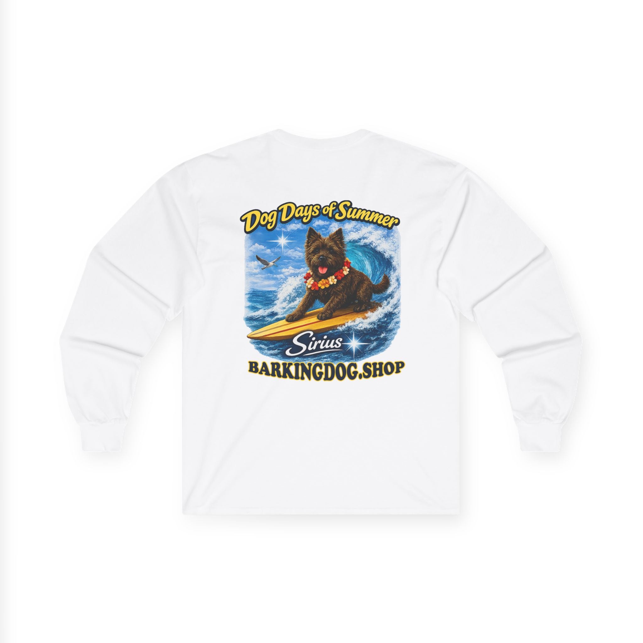 Cairn Terrier Dog Days of Summer Surfboard Long Sleeve T Shirt Beach Collection Surfing Dog Graphic Tee Wag On BarkingDog Shop