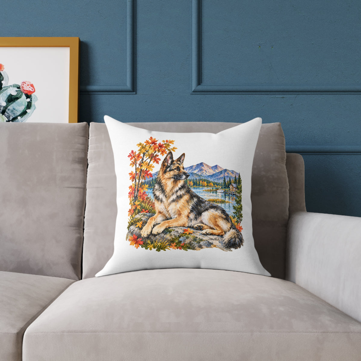 German Shepherd Scenic Autumn Throw Pillow White Home Decor Collection Mountain Lake Dog Decor BarkingDog Shop