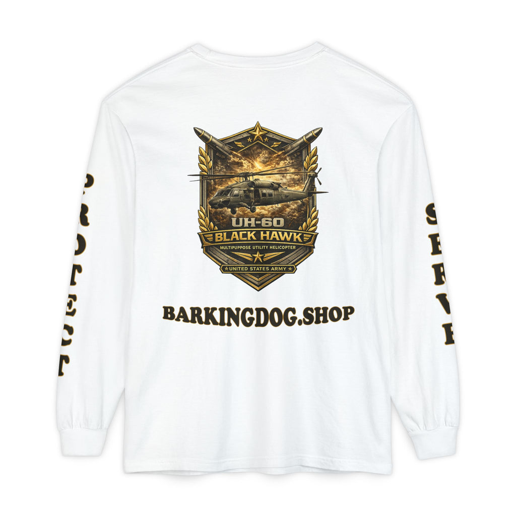 UH-60 Black Hawk Helicopter Long Sleeve Tee — Barking Dog 'Wag On' Military Army Tribute