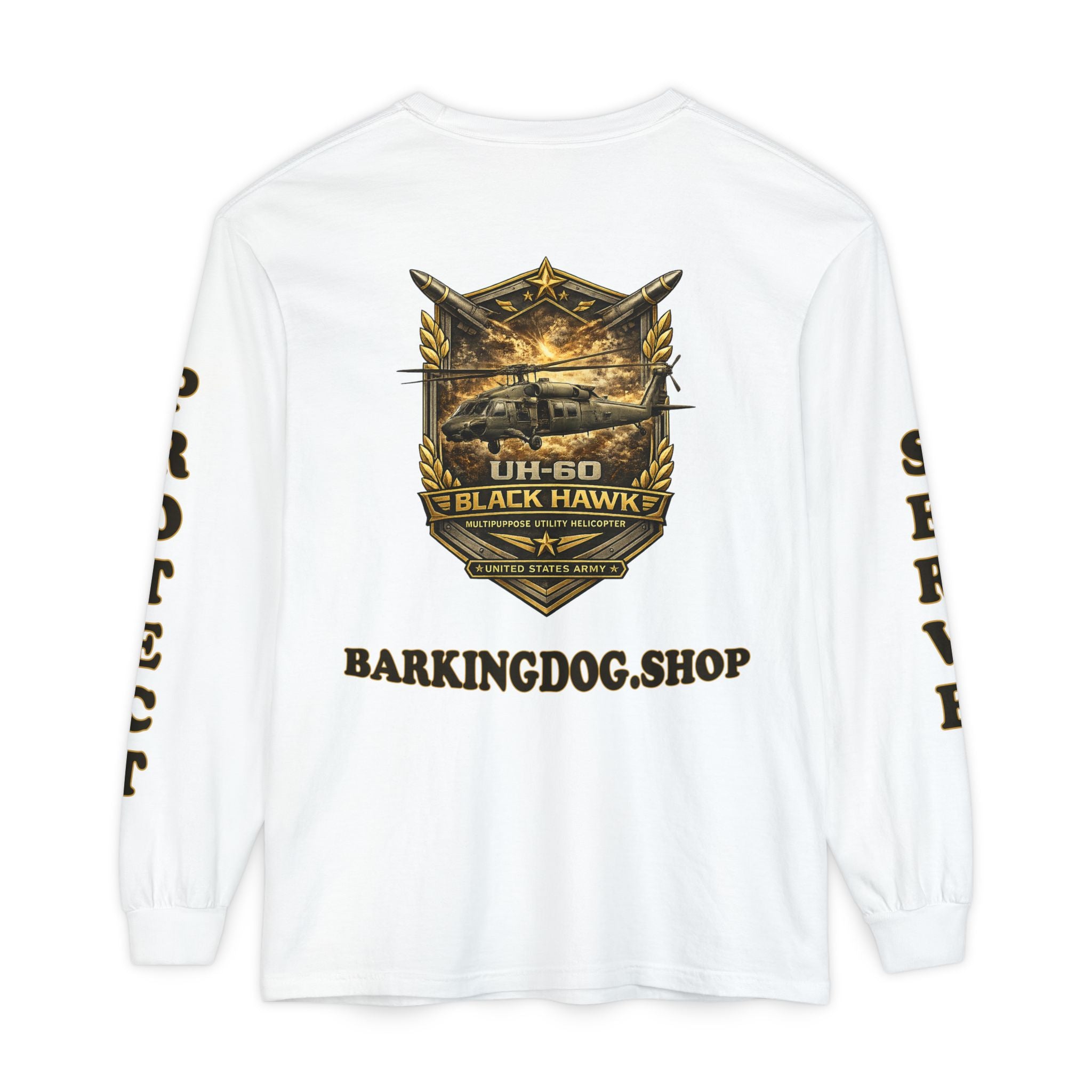 UH-60 Black Hawk Helicopter Long Sleeve Tee — Barking Dog 'Wag On' Military Army Tribute