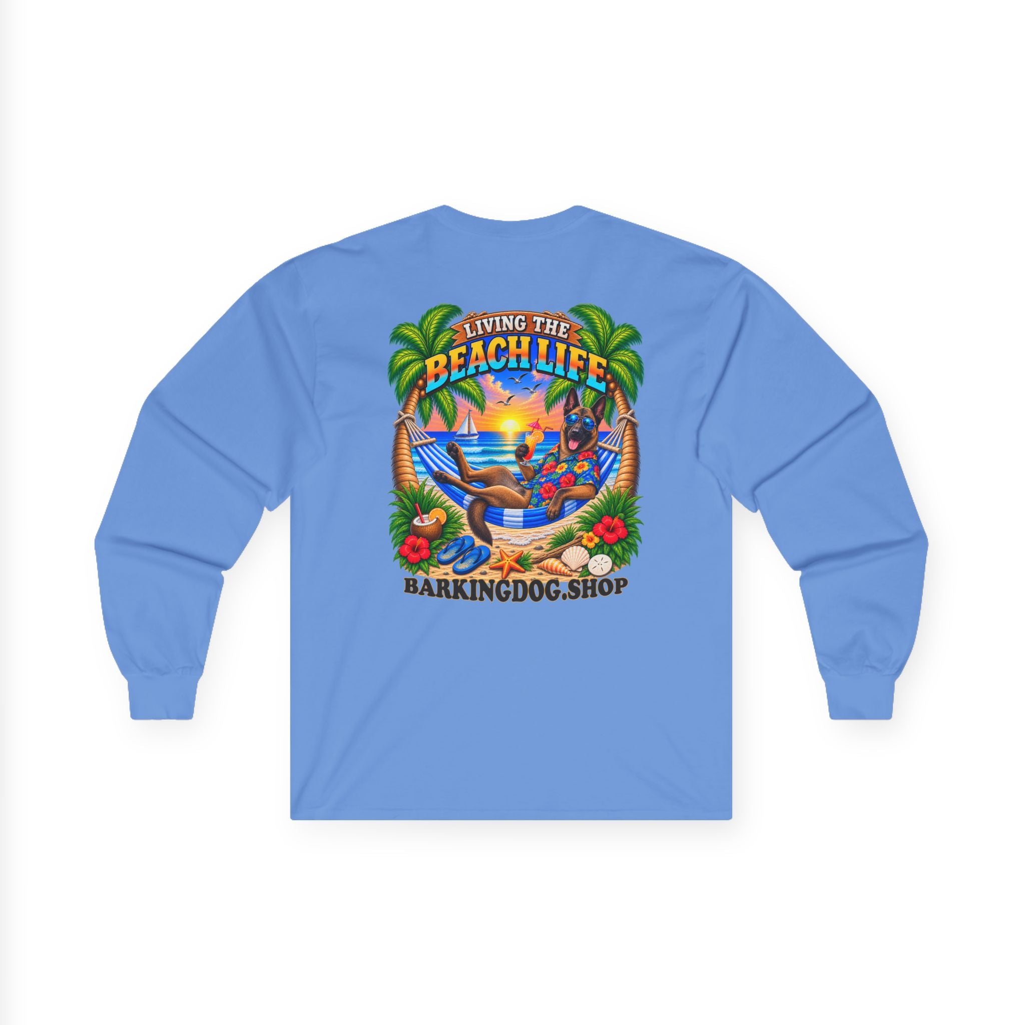 Belgian Malinois Beach Life Canine Long Sleeve T Shirt Beach Collection Hammock Tropical Dog Graphic Tee Wag On BarkingDog Shop