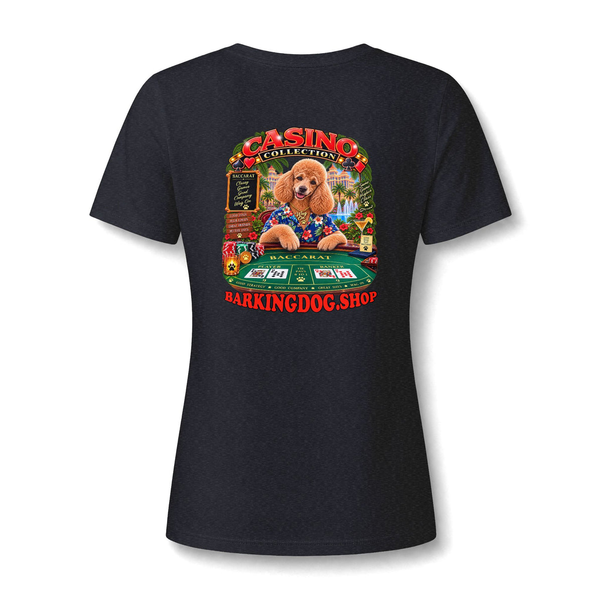 Poodle Baccarat Womens V Neck T Shirt Casino Collection Funny Casino Dog Graphic Tee Wag On BarkingDog Shop