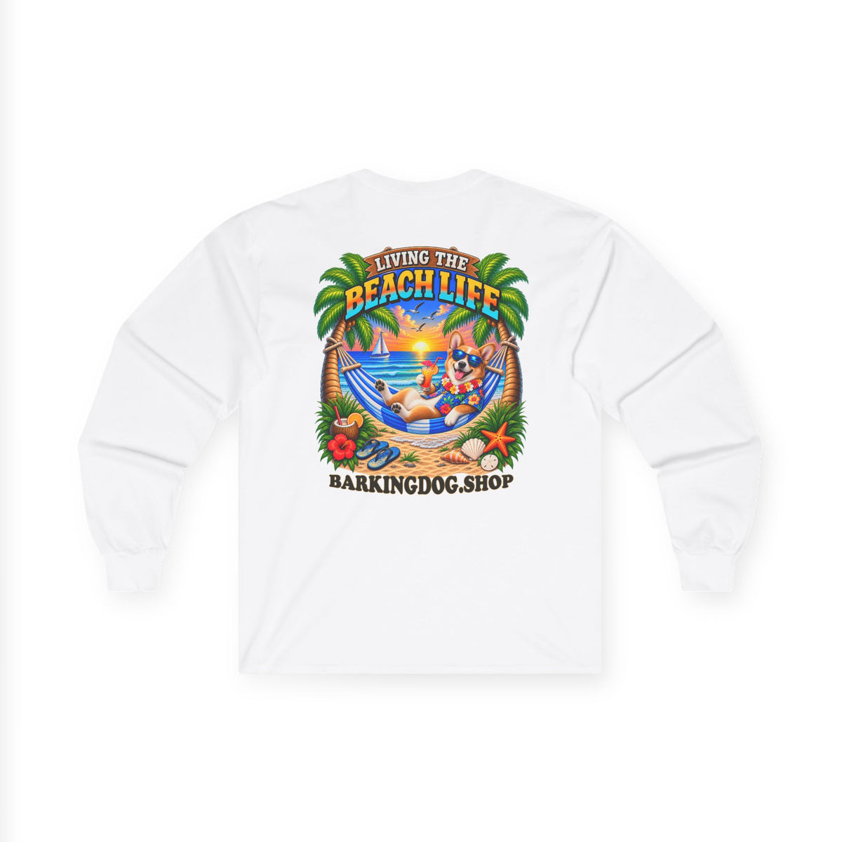 Pembroke Welsh Corgi Beach Life Canine Long Sleeve T Shirt Beach Collection Hammock Tropical Dog Graphic Tee Wag On BarkingDog Shop