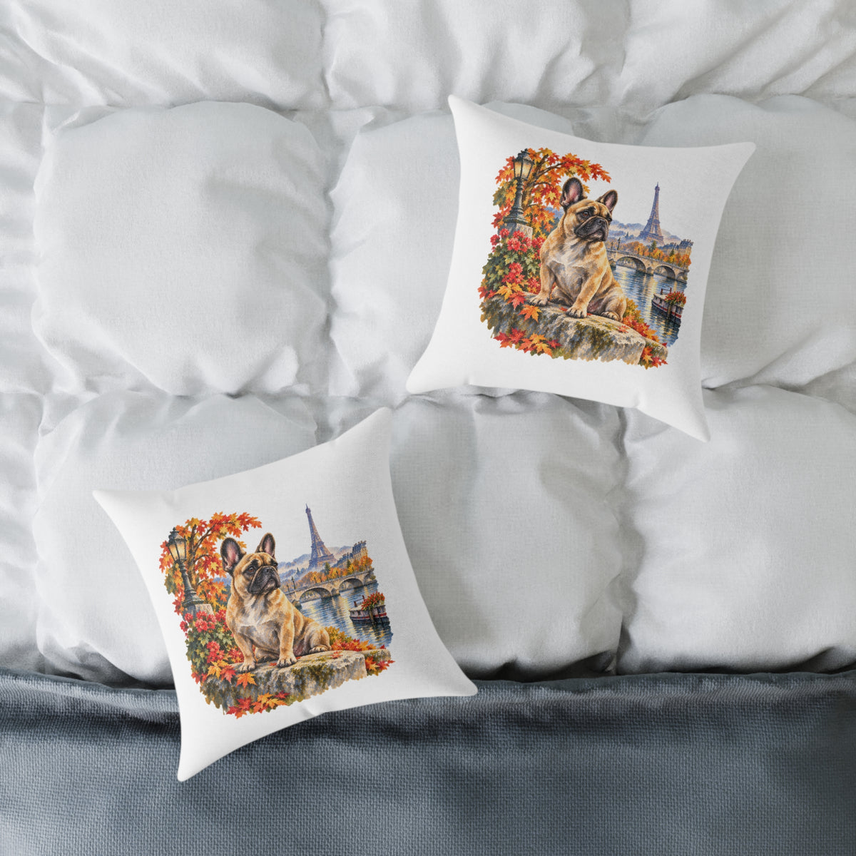 French Bulldog Paris in Autumn Throw Pillow White Home Decor Collection Eiffel Tower Scenic Dog Decor BarkingDog Shop