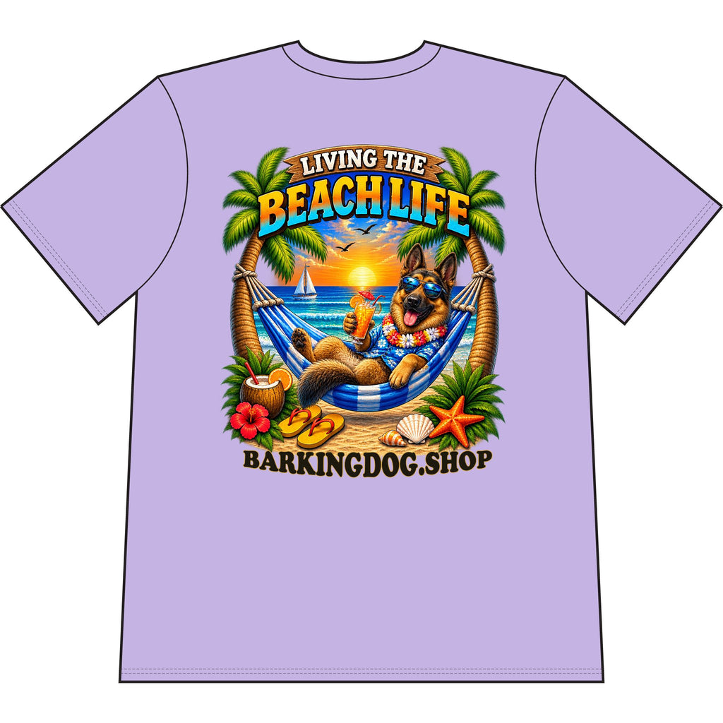 German Shepherd Beach Life Canine T Shirt Beach Collection Living the Beach Life Tropical Graphic Tee Wag On BarkingDog Shop