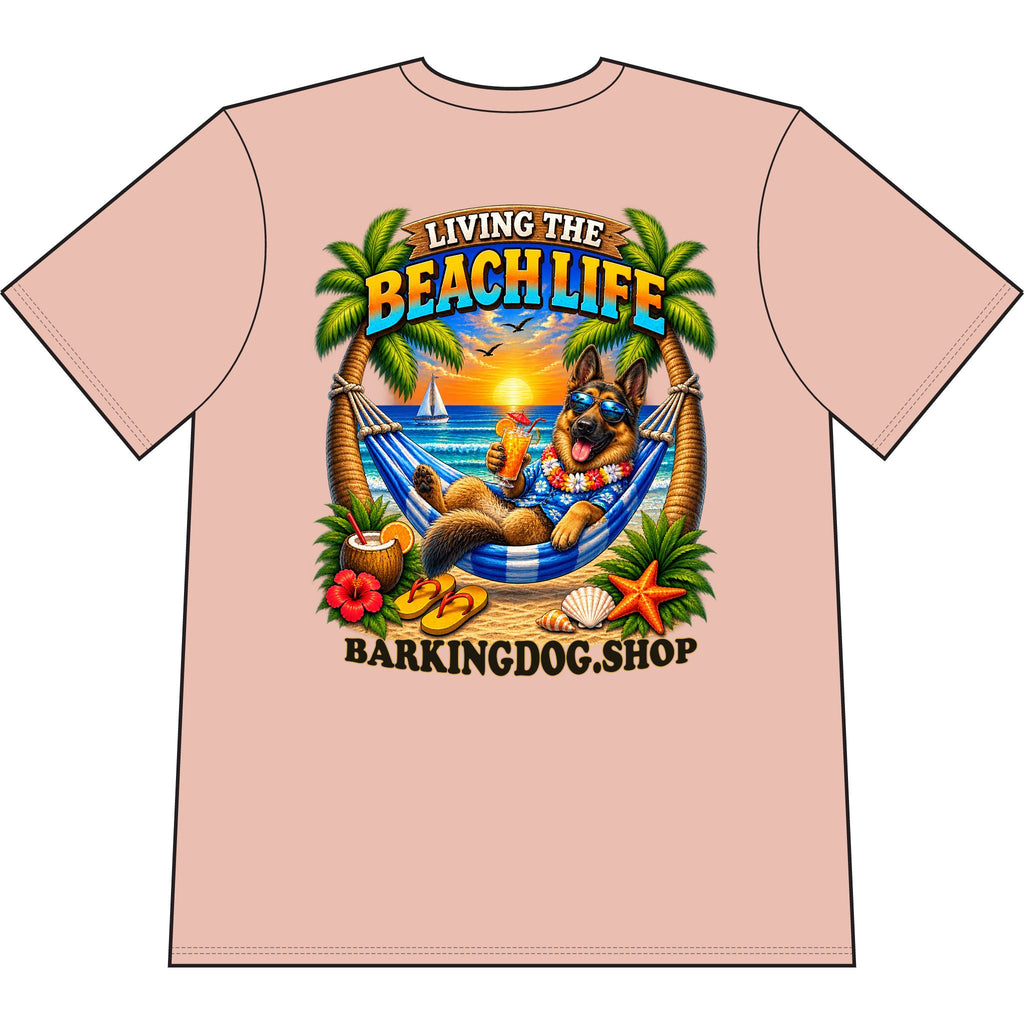German Shepherd Beach Life Canine T Shirt Beach Collection Living the Beach Life Tropical Graphic Tee Wag On BarkingDog Shop