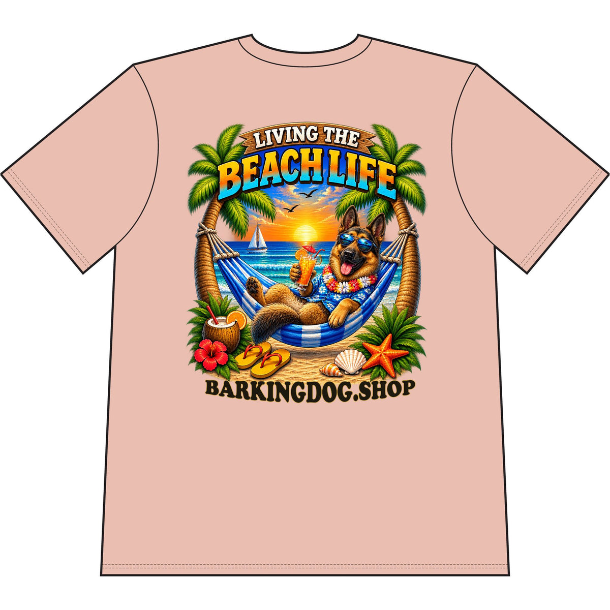 German Shepherd Beach Life Canine T Shirt Beach Collection Living the Beach Life Tropical Graphic Tee Wag On BarkingDog Shop
