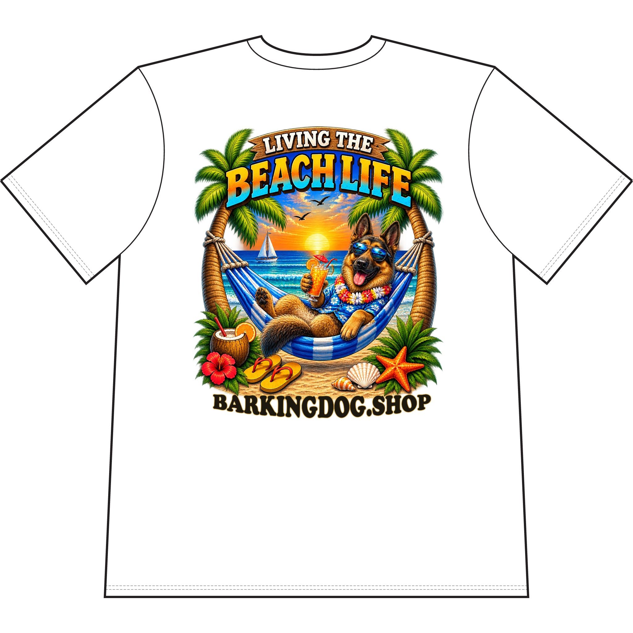 German Shepherd Beach Life Canine T Shirt Beach Collection Living the Beach Life Tropical Graphic Tee Wag On BarkingDog Shop