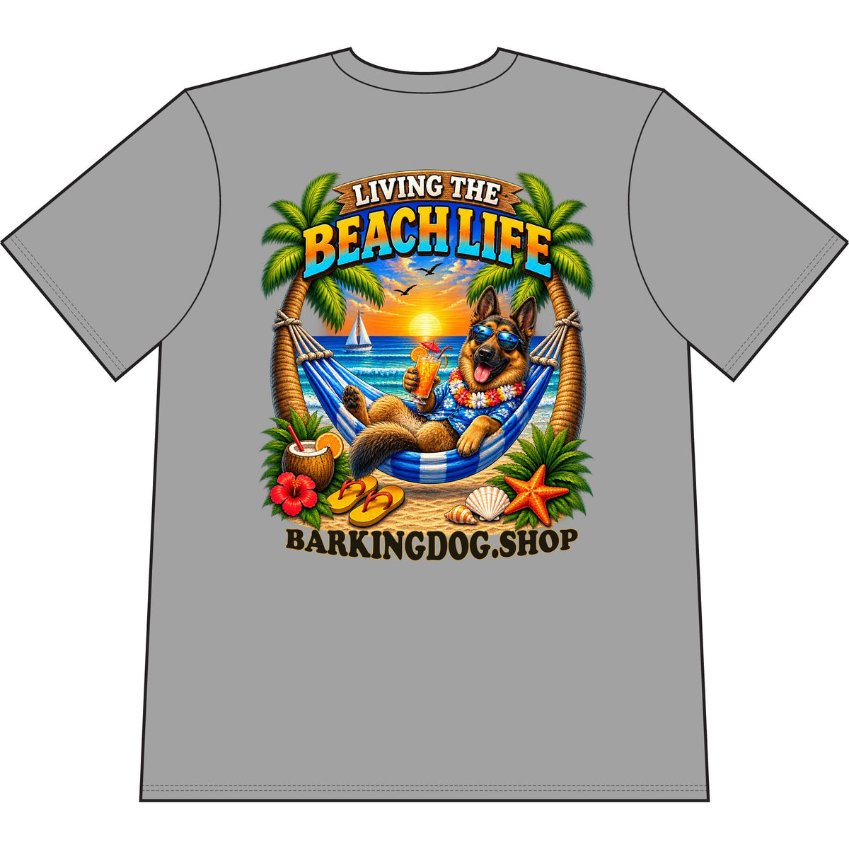 German Shepherd Beach Life Canine T Shirt Beach Collection Living the Beach Life Tropical Graphic Tee Wag On BarkingDog Shop