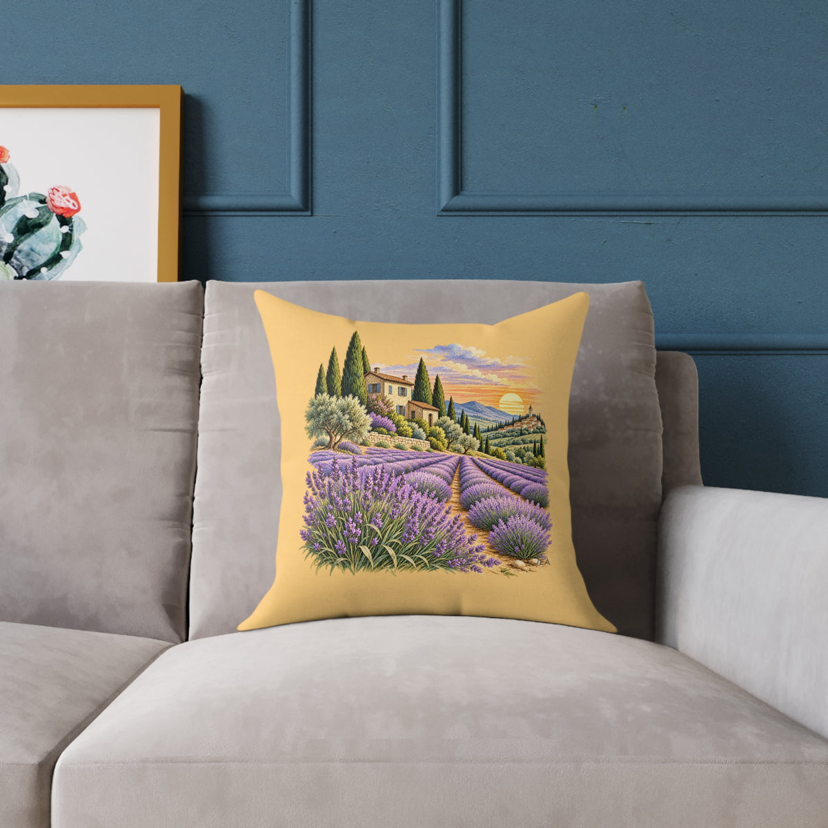 Lavender Fields Woodcut Relief Throw Pillow Warm Beige Floral Landscape Home Decor BarkingDog Shop