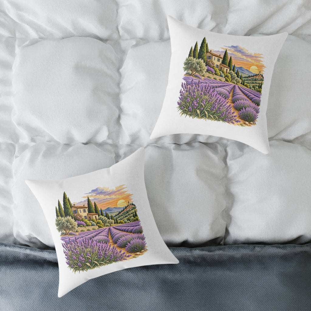 Lavender Fields Woodcut Relief Throw Pillow White Floral Landscape Home Decor BarkingDog Shop