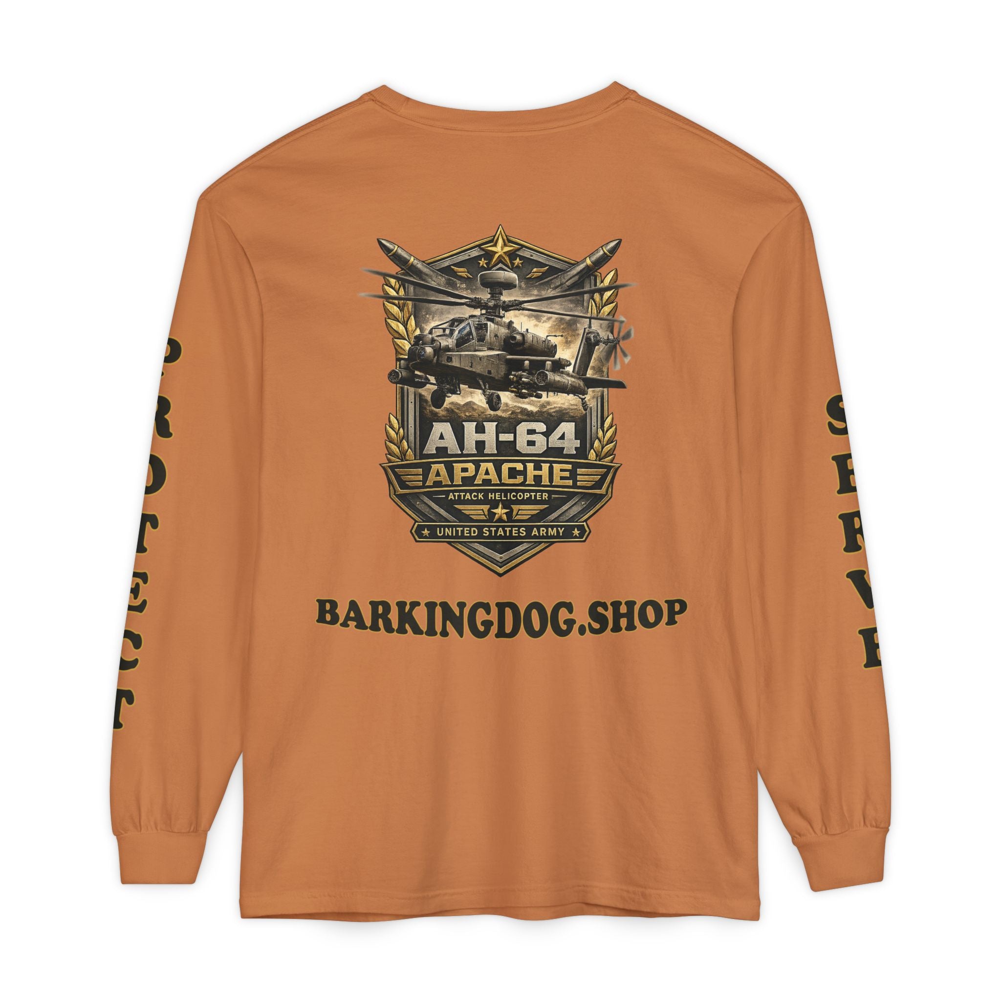 AH-64 Apache Helicopter Long Sleeve Tee — BarkingDog 'Wag On' Military Tribute