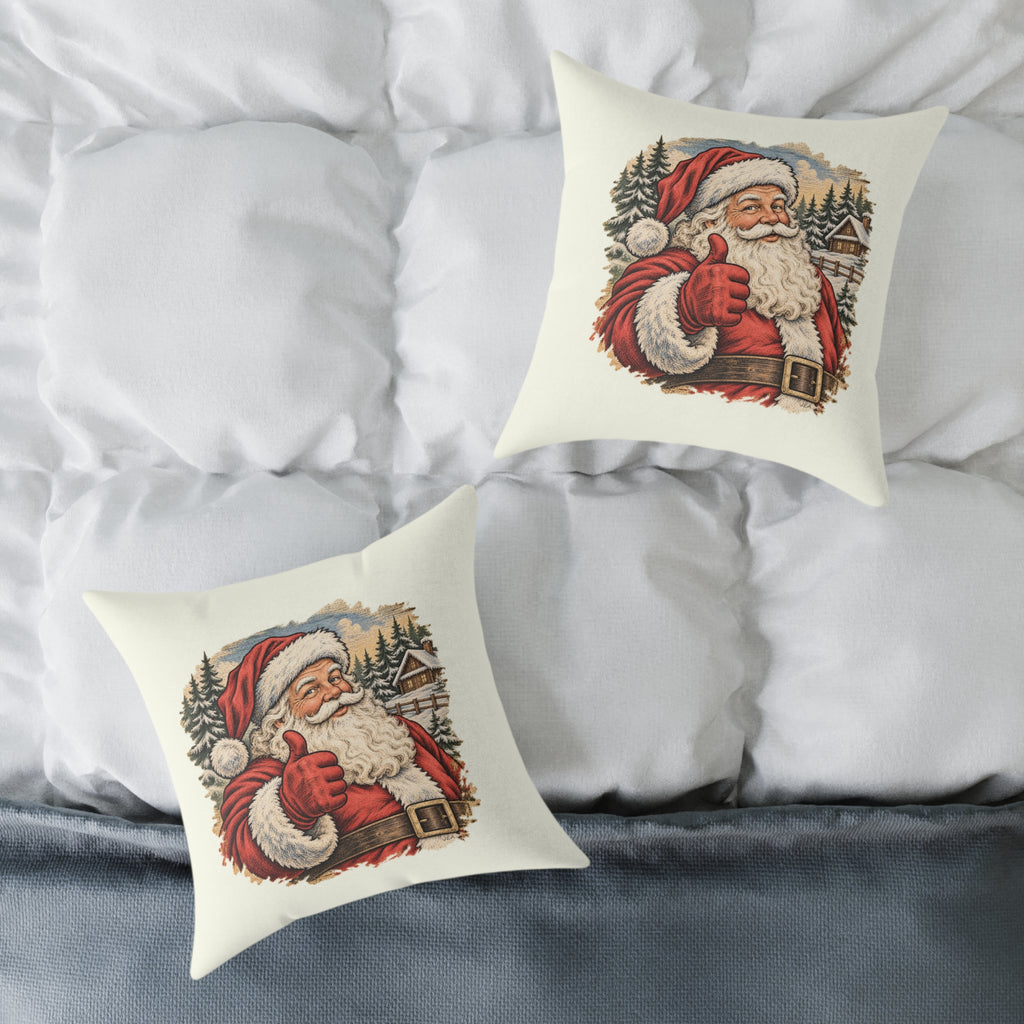 Santa Thumbs Up Woodcut Relief Throw Cushion Ivory Holiday Decoration BarkingDog Shop