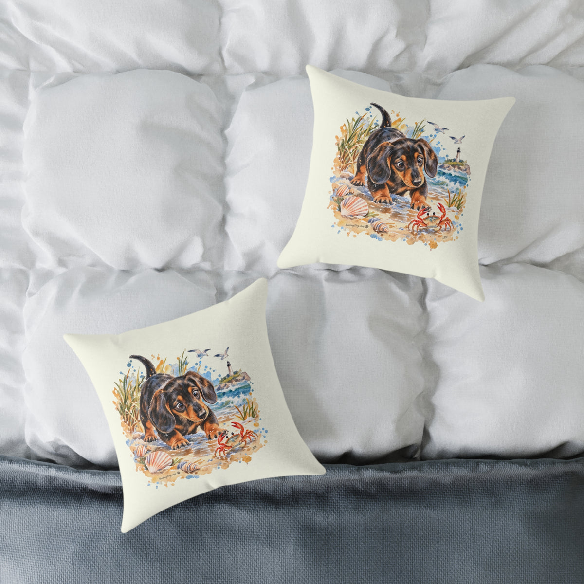 Dachshund Bewildered by Crab Beach Throw Pillow Ivory Home Decor Collection Funny Coastal Dog Decor BarkingDog Shop