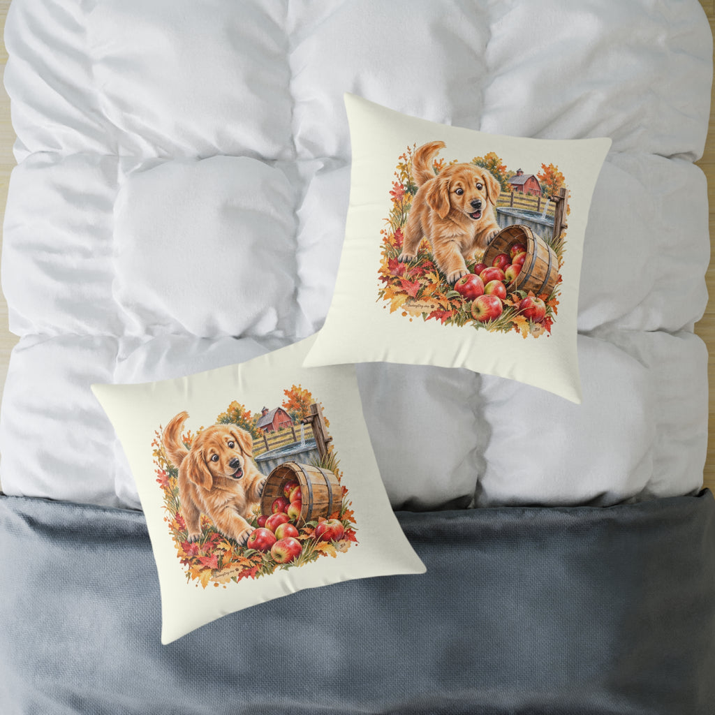 Golden Retriever Puppy Spilled Apples Throw Pillow Ivory Home Decor Collection Farmhouse Dog Decor BarkingDog Shop