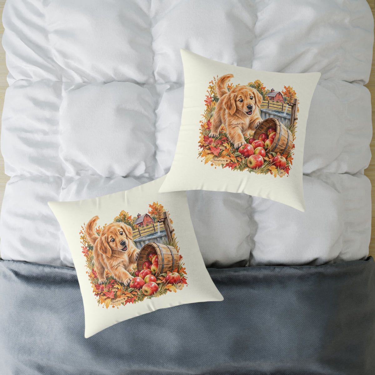 Golden Retriever Puppy Spilled Apples Throw Pillow Ivory Home Decor Collection Farmhouse Dog Decor BarkingDog Shop