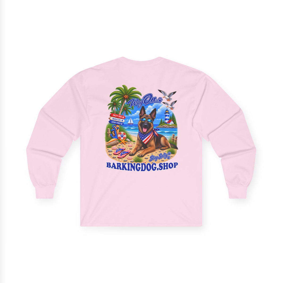 Belgian Malinois Stay Salty Pup Long Sleeve T Shirt Beach Collection Coastal Dog Graphic Tee Wag On BarkingDog Shop