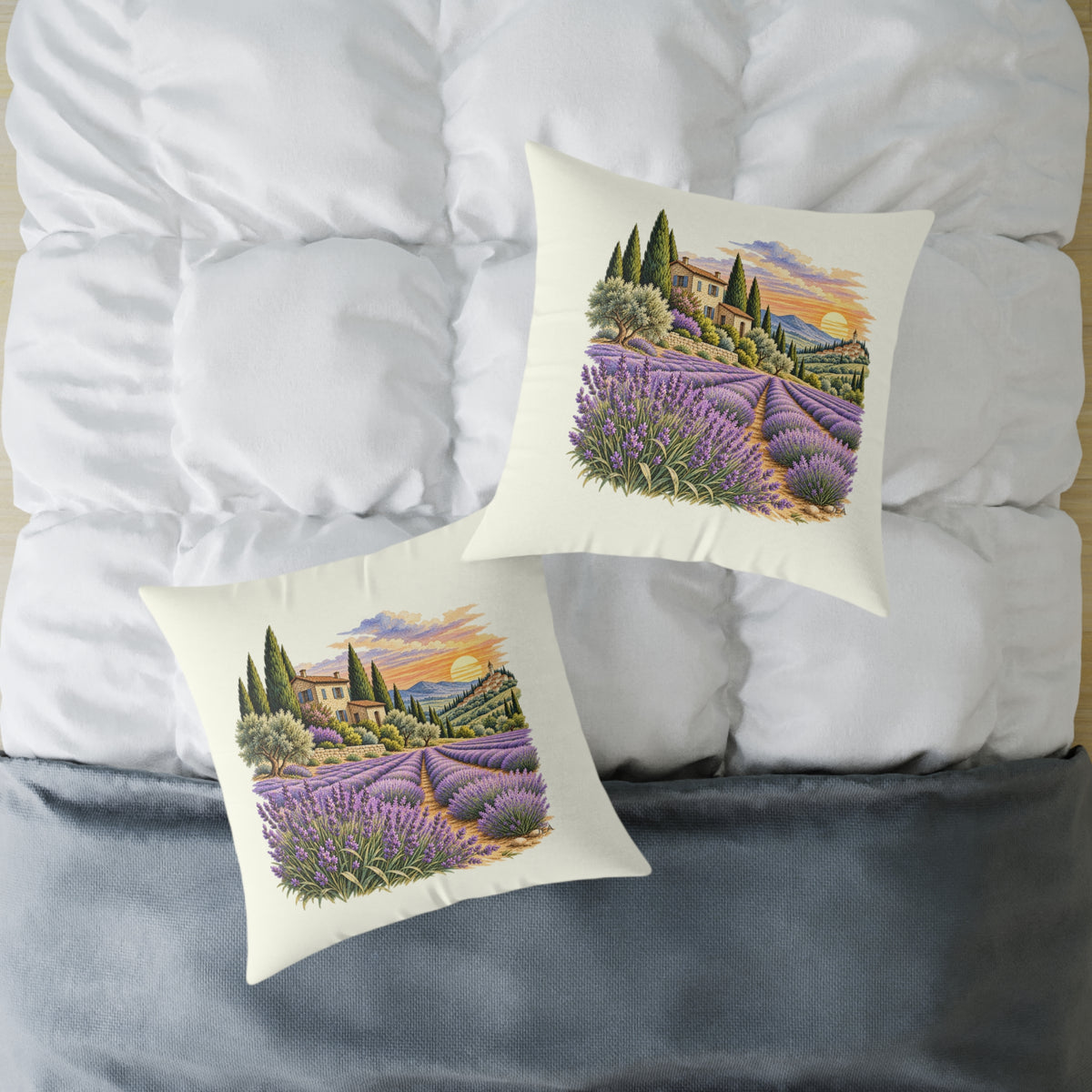 Lavender Fields Woodcut Relief Throw Pillow Ivory Floral Landscape Home Decor BarkingDog Shop