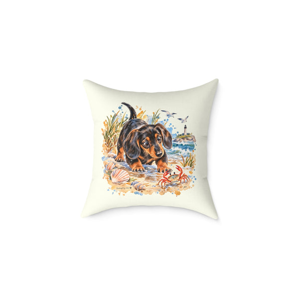Dachshund Bewildered by Crab Beach Throw Pillow Ivory Home Decor Collection Funny Coastal Dog Decor BarkingDog Shop