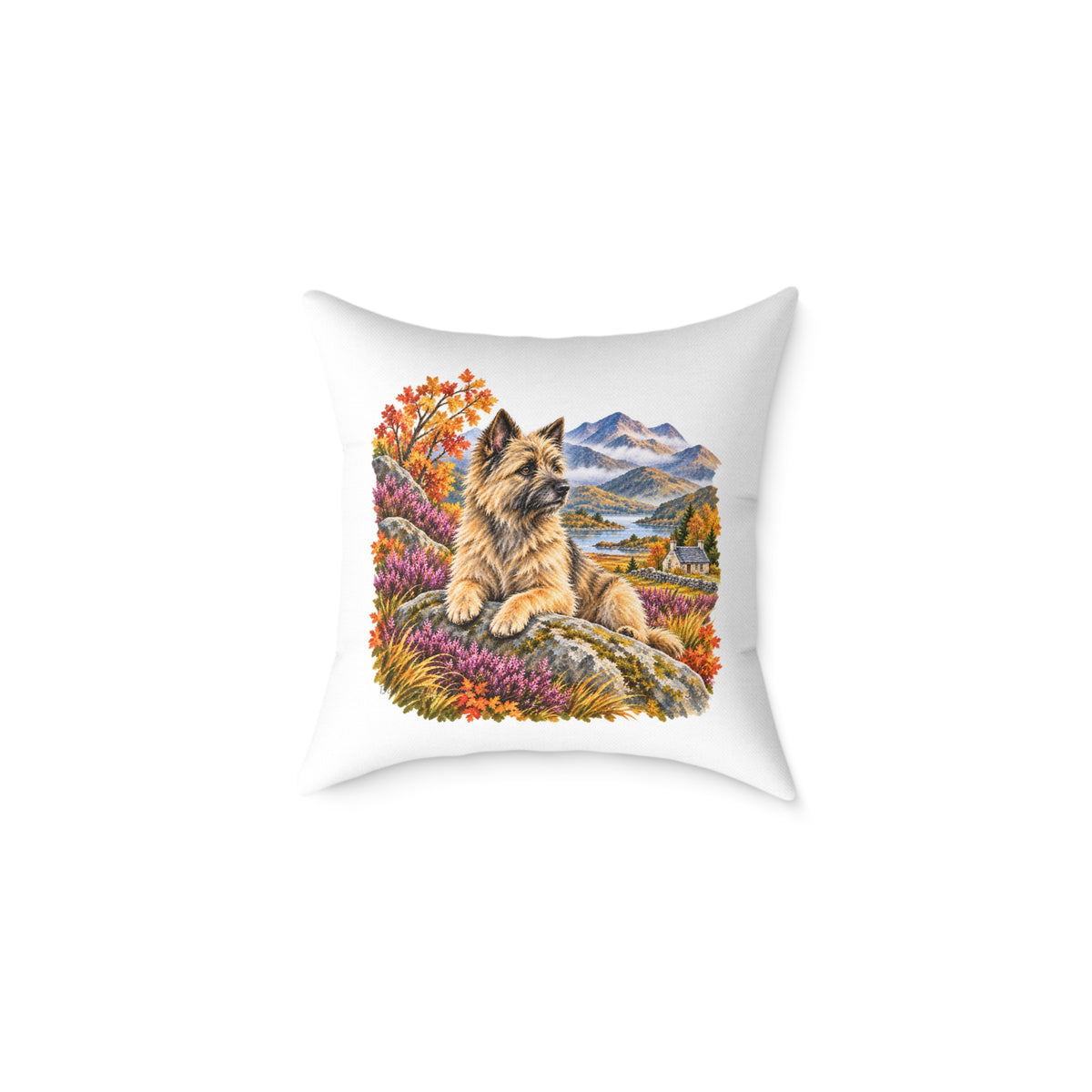 Cairn Terrier Scottish Highlands Autumn Throw Pillow White Home Decor Collection Scenic Dog Decor BarkingDog Shop