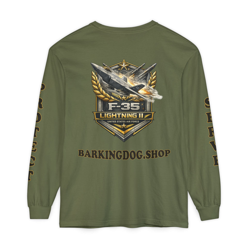 F-35 Lightning II Long Sleeve Tee — Barking Dog 'Wag On' Military Air Force Tribute