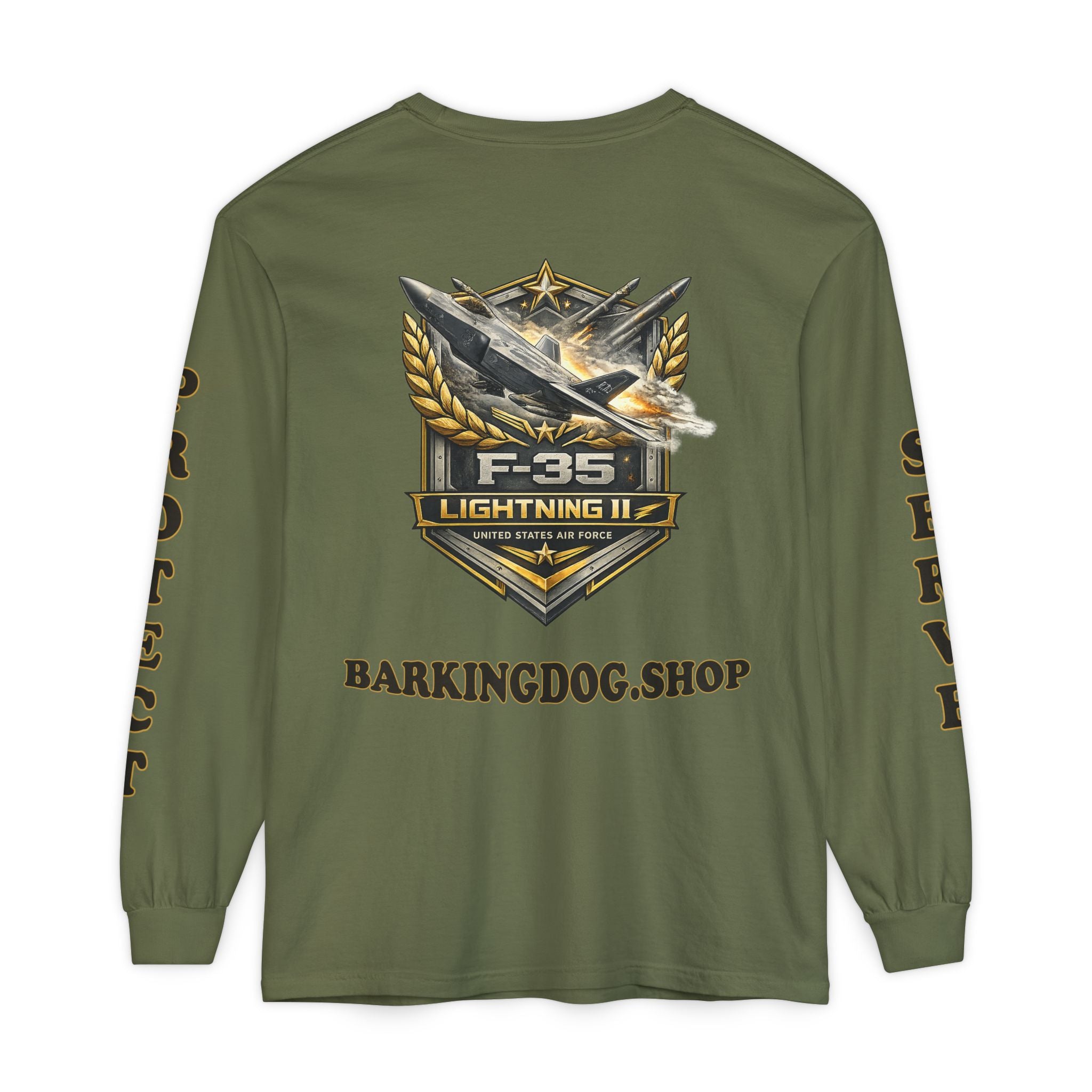 F-35 Lightning II Long Sleeve Tee — Barking Dog 'Wag On' Military Air Force Tribute
