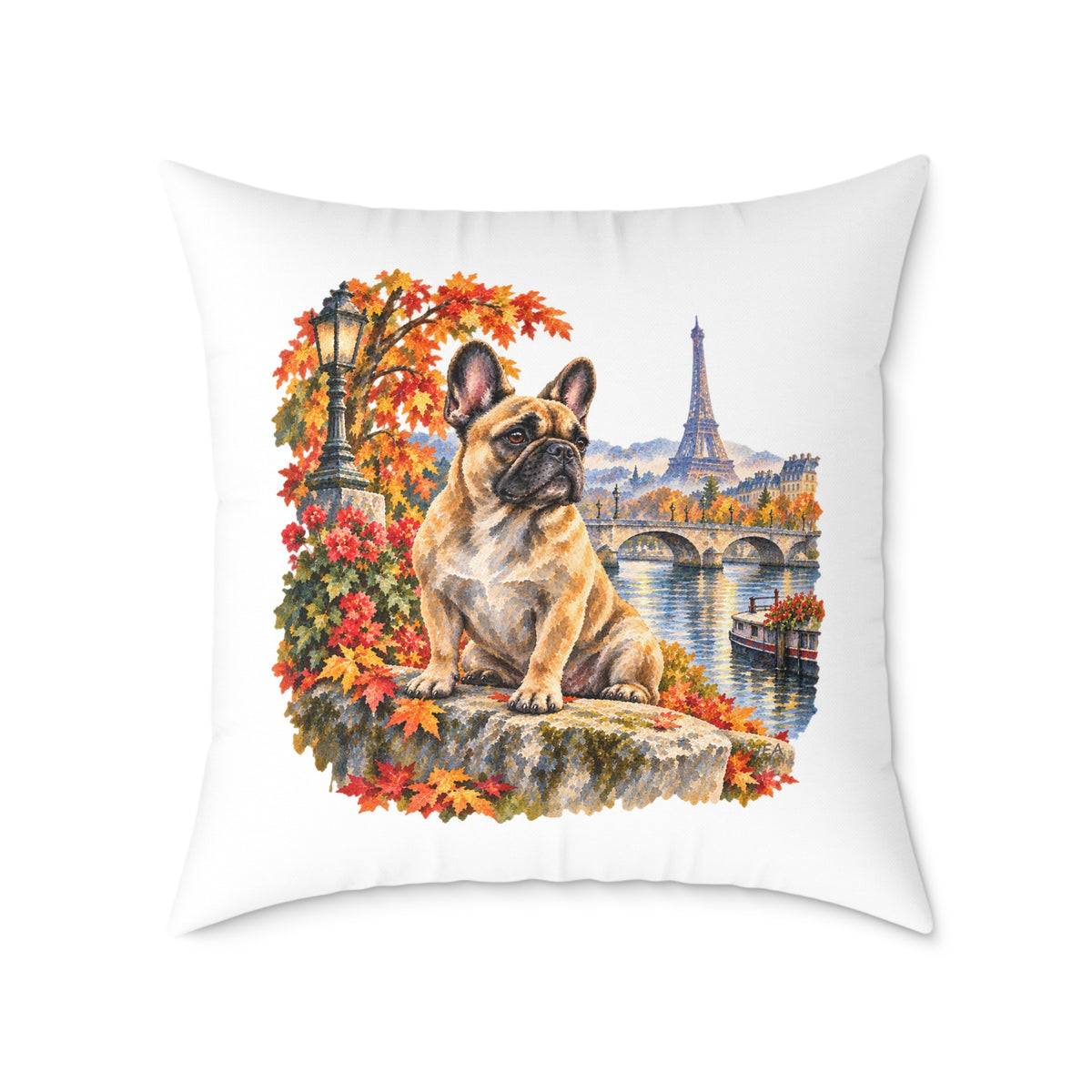 French Bulldog Paris in Autumn Throw Pillow White Home Decor Collection Eiffel Tower Scenic Dog Decor BarkingDog Shop