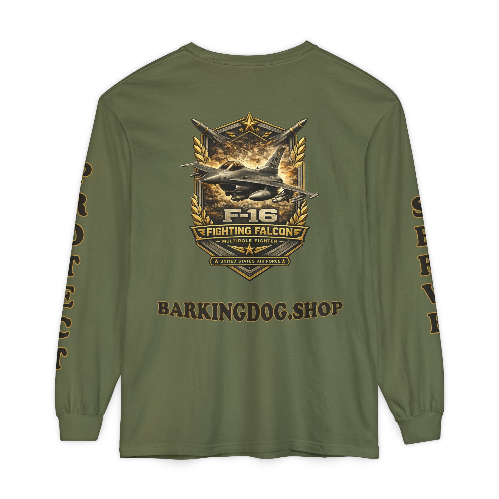 F-16 Fighting Falcon Long Sleeve Tee — Barking Dog 'Wag On' Military Air Force Tribute