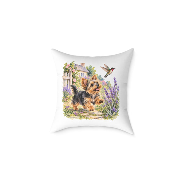 Yorkshire Terrier Puppy Hummingbird Throw Pillow White Home Decor Collection Cottage Garden Dog Decor BarkingDog Shop
