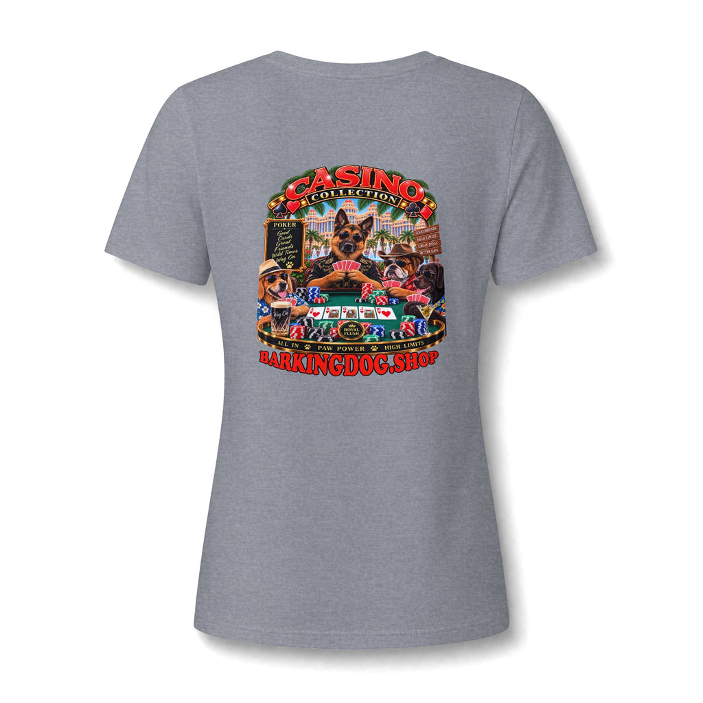 German Shepherd Poker Womens V Neck T Shirt Casino Collection Funny Casino Dog Graphic Tee Wag On BarkingDog Shop