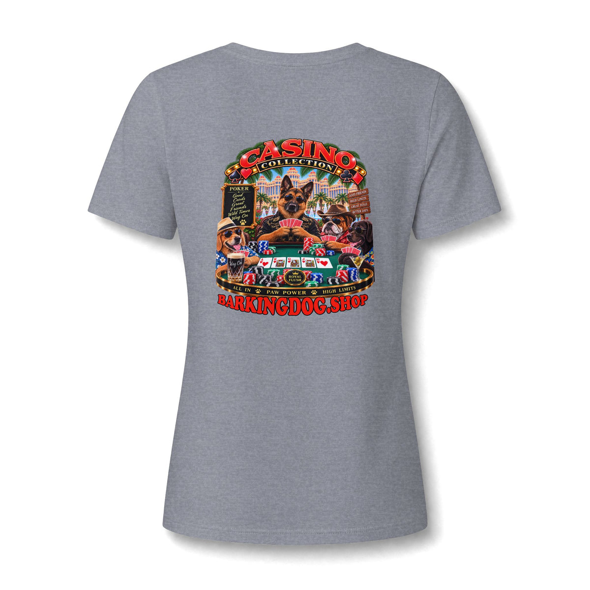 German Shepherd Poker Womens V Neck T Shirt Casino Collection Funny Casino Dog Graphic Tee Wag On BarkingDog Shop