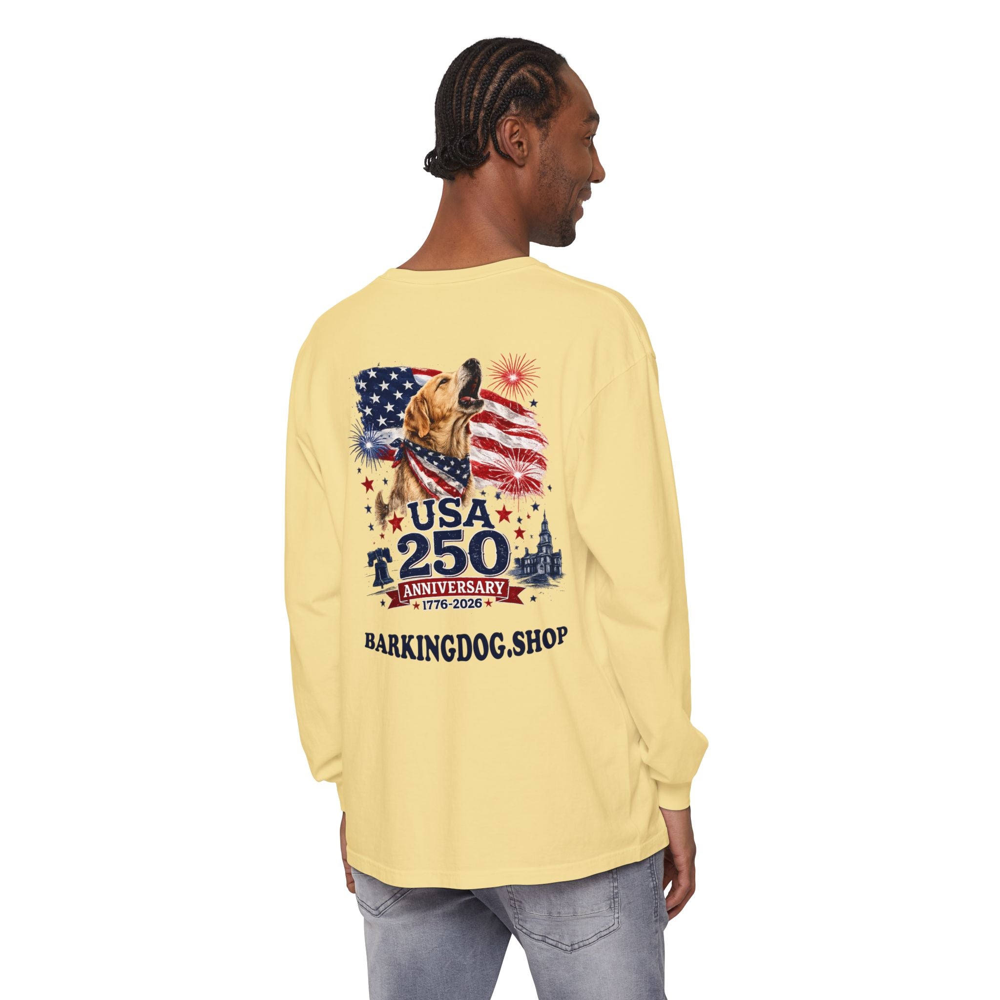 USA 250th Anniversary Long Sleeve T-Shirt — Patriotic Dog Flag Design