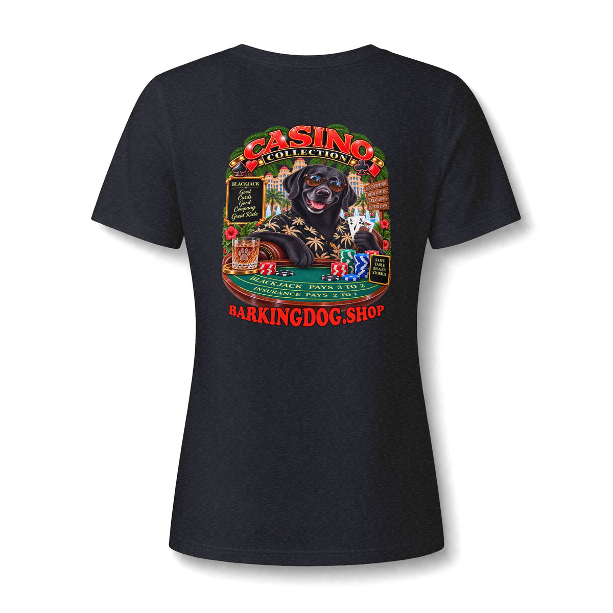 Black Labrador Black Jack Womens V Neck T Shirt Casino Collection Funny Casino Dog Graphic Tee Wag On BarkingDog Shop