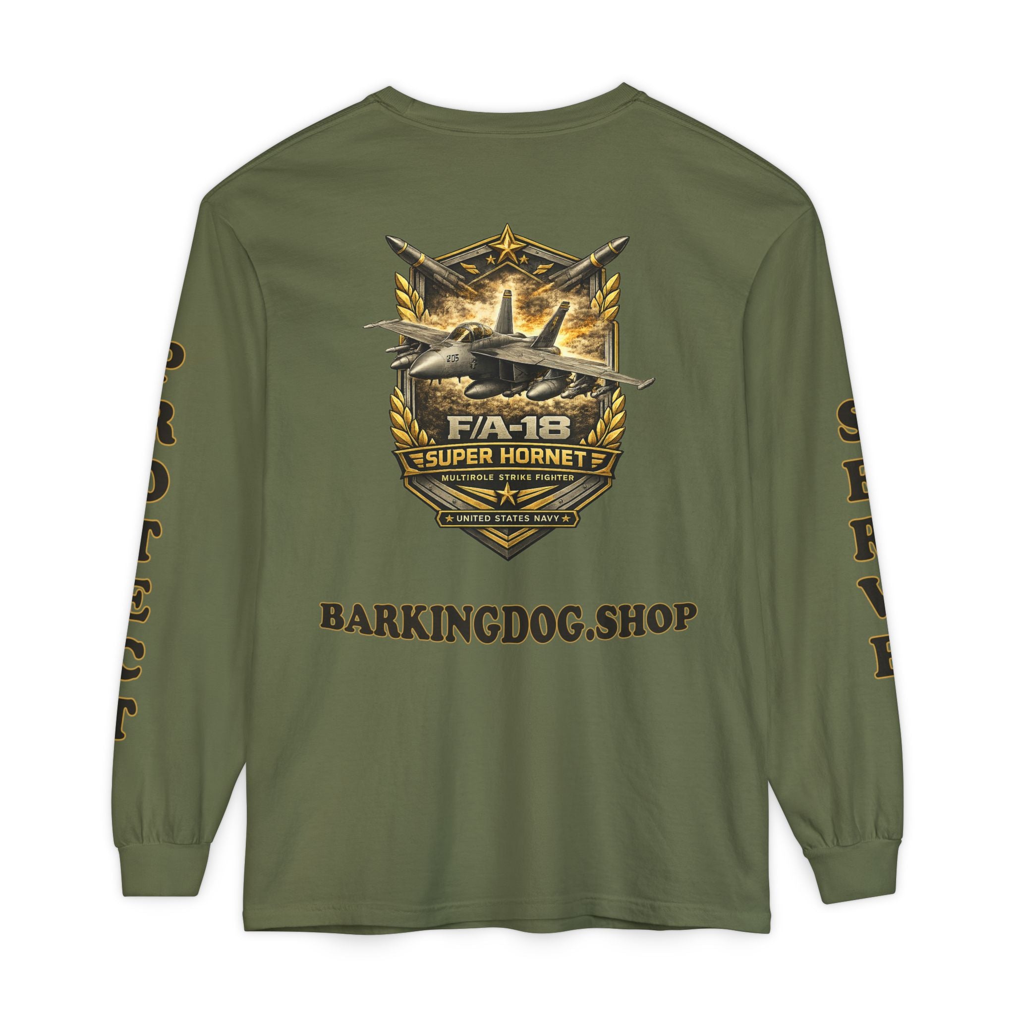 F/A-18 Super Hornet Long Sleeve Tee — Barking Dog 'Wag On' Military Navy Tribute
