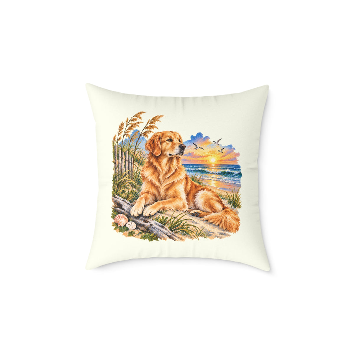 Golden Retriever Coastal North Carolina Sunrise Throw Pillow Ivory Home Decor Collection Beach Dog Decor BarkingDog Shop