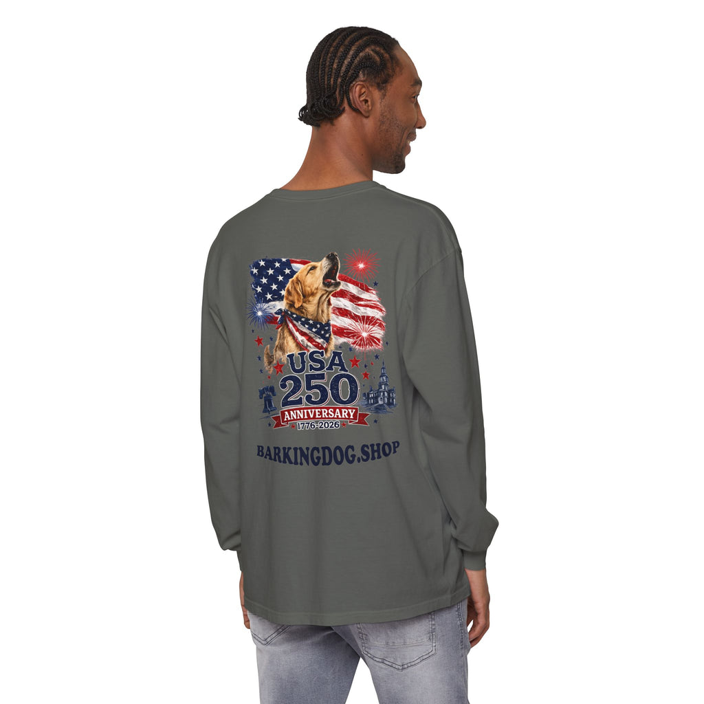 USA 250th Anniversary Long Sleeve T-Shirt — Patriotic Dog Flag Design