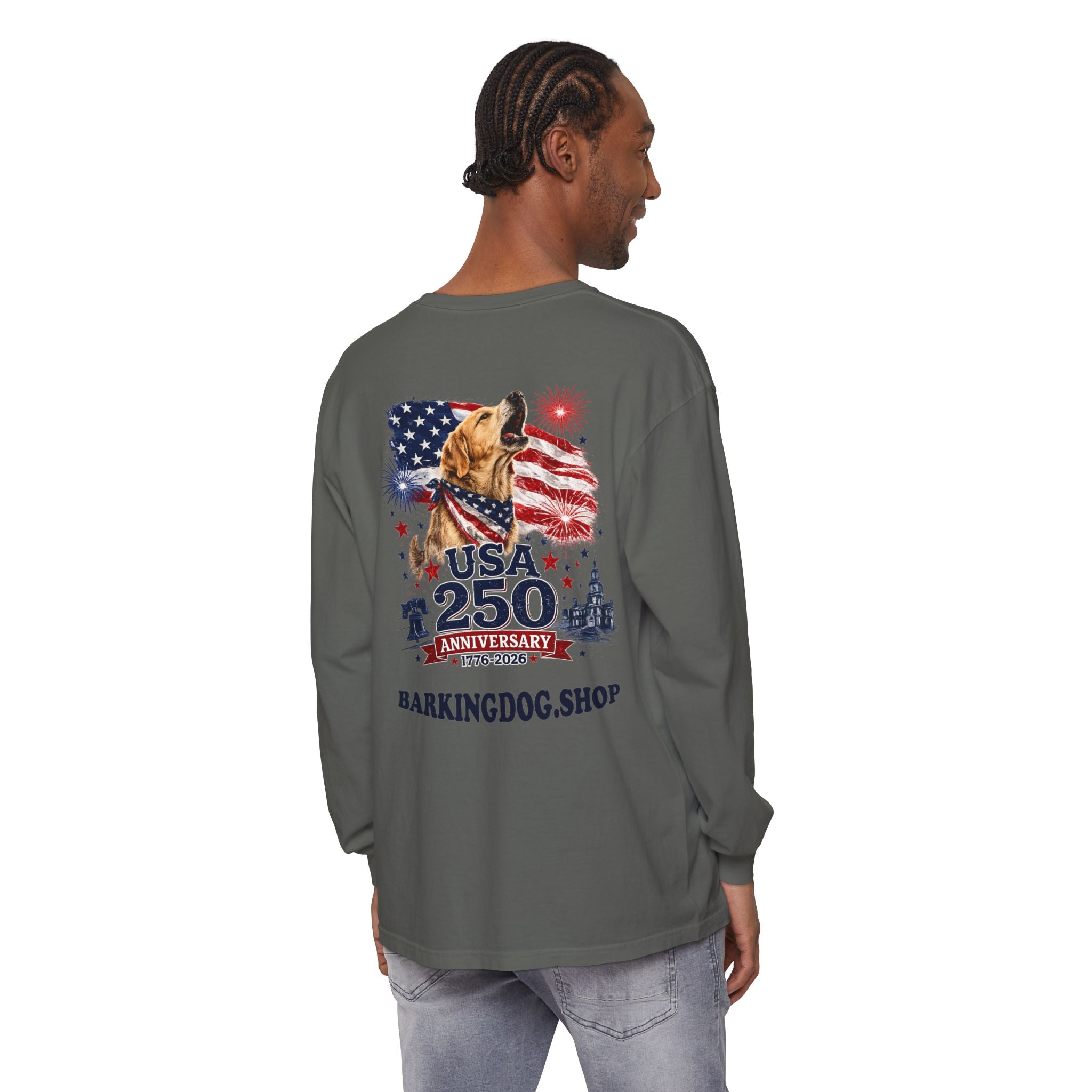 USA 250th Anniversary Long Sleeve T-Shirt — Patriotic Dog Flag Design