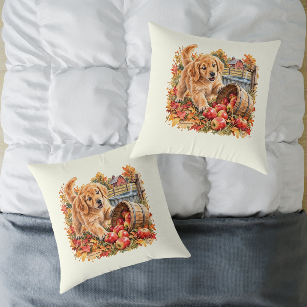 Golden Retriever Puppy Spilled Apples Throw Pillow Ivory Home Decor Collection Farmhouse Dog Decor BarkingDog Shop